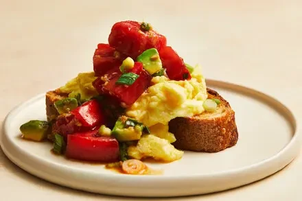 Scrambled Eggs With Soy-Marinated Tomatoes