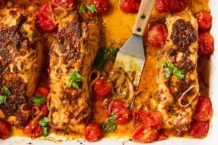 Baked Salmon With Harissa and Cherry Tomatoes