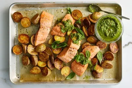 Sheet-Pan Roasted Salmon With Pea Pesto