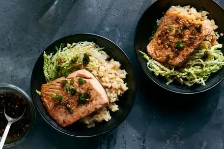 Roasted Salmon With Miso Rice and Ginger-Scallion Vinaigrette