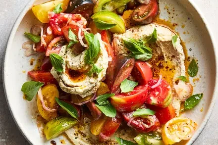 Heirloom Tomato Salad with Whipped Tofu Ricotta and Chile Oil
